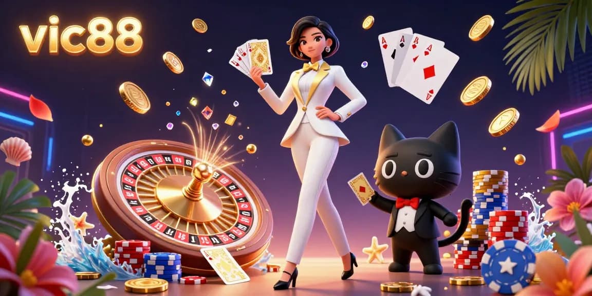 Experience the thrill of vic88 with a glamorous scene of poker action, golden coins, and dynamic game elements.