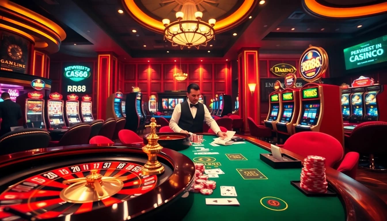 Experience the thrill of RR88 with vibrant casino scenes featuring roulette and poker tables.