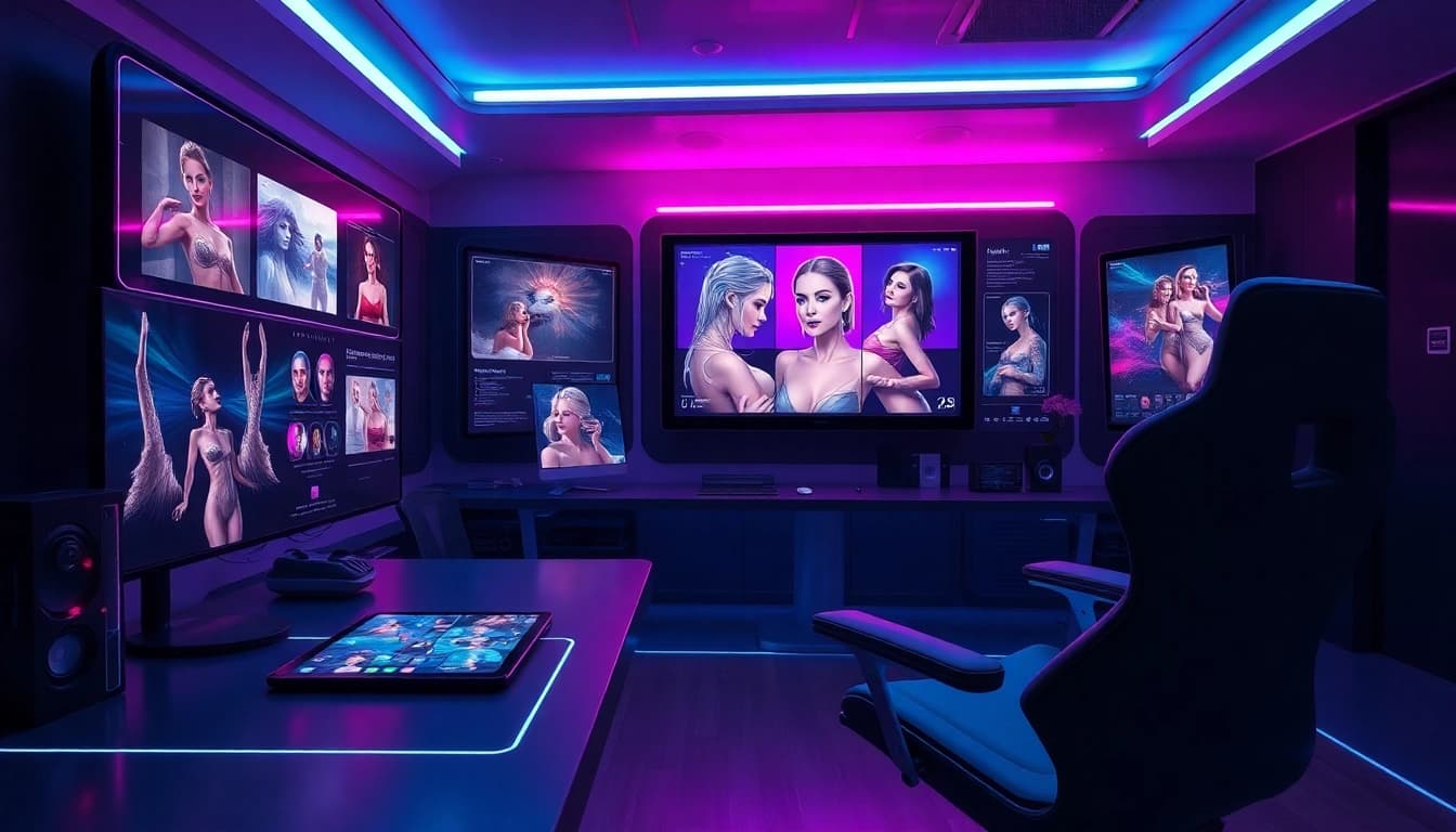 Futuristic NSFW AI workspace with holographic displays and ambient lighting, embodying innovation.