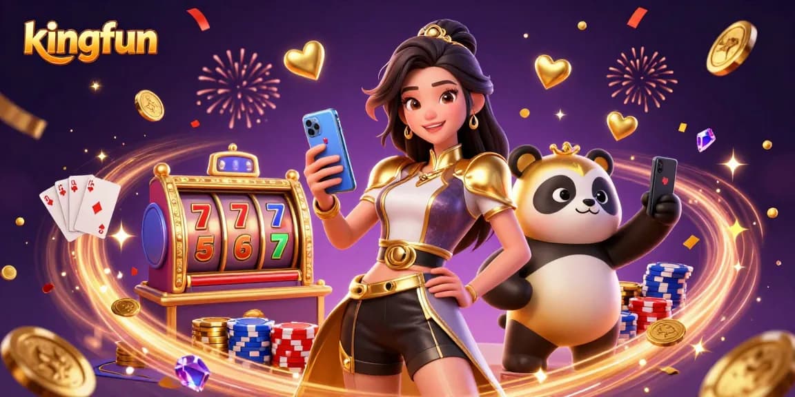 Spin the reels and win big with kingfun's vibrant casino-themed 3D illustration featuring a lucky woman and her panda mascot.