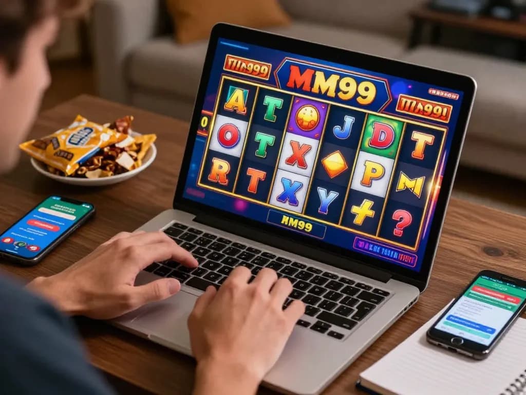 Player spinning MM99 Slot reels in a vibrant home gaming setup, showcasing excitement and strategy.