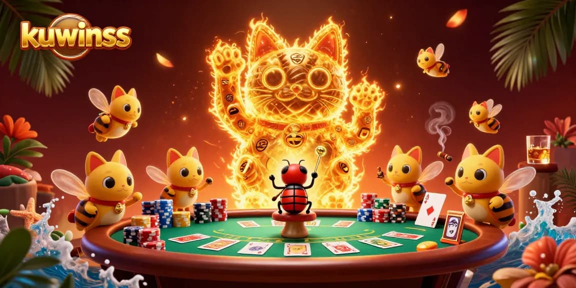 Engage in thrilling gameplay with kuwinss as golden fireflies form a lucky cat in a vibrant casino scene.