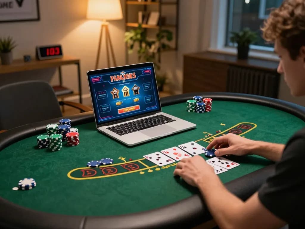 Player enjoying live online games at home, showcasing the thrill of oli 4d with colorful casino elements.
