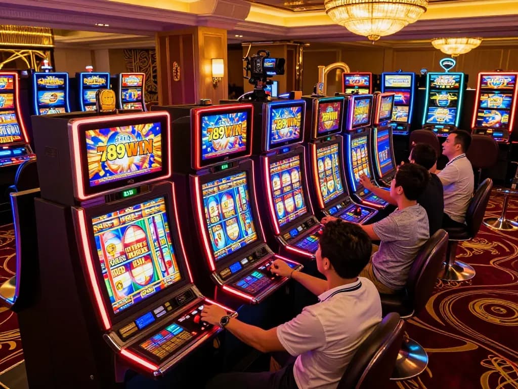 Players engaging with colorful slot machines at 789WIN casino, capturing the excitement of gaming.