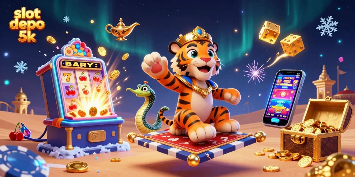 Mainkan slot depo 5k dengan tampilan dinamis dari karakter sultan dan mesin slot penuh koin.