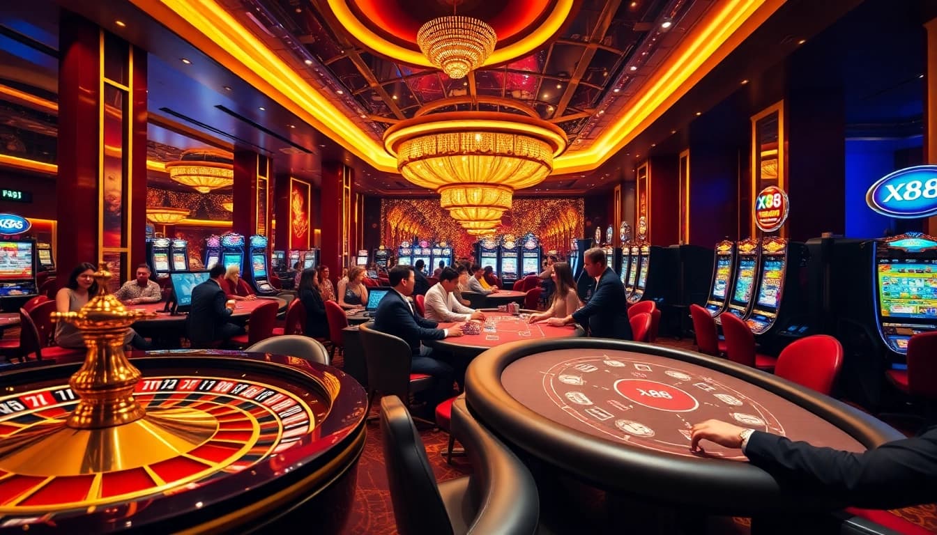 X88 players experiencing high-stakes action at a glamorous casino table with roulette.
