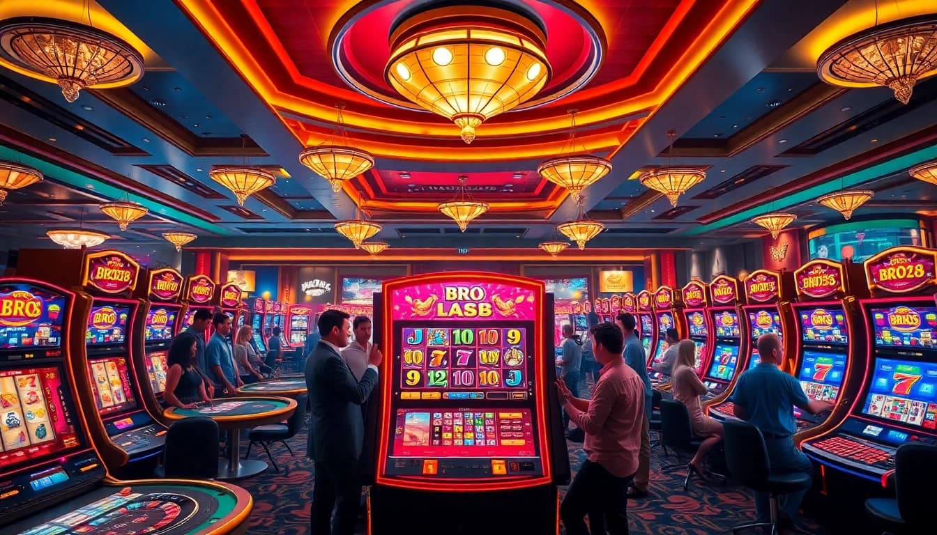 Experience the excitement of the bro138 slot machine in an elegant casino setting filled with eager players.