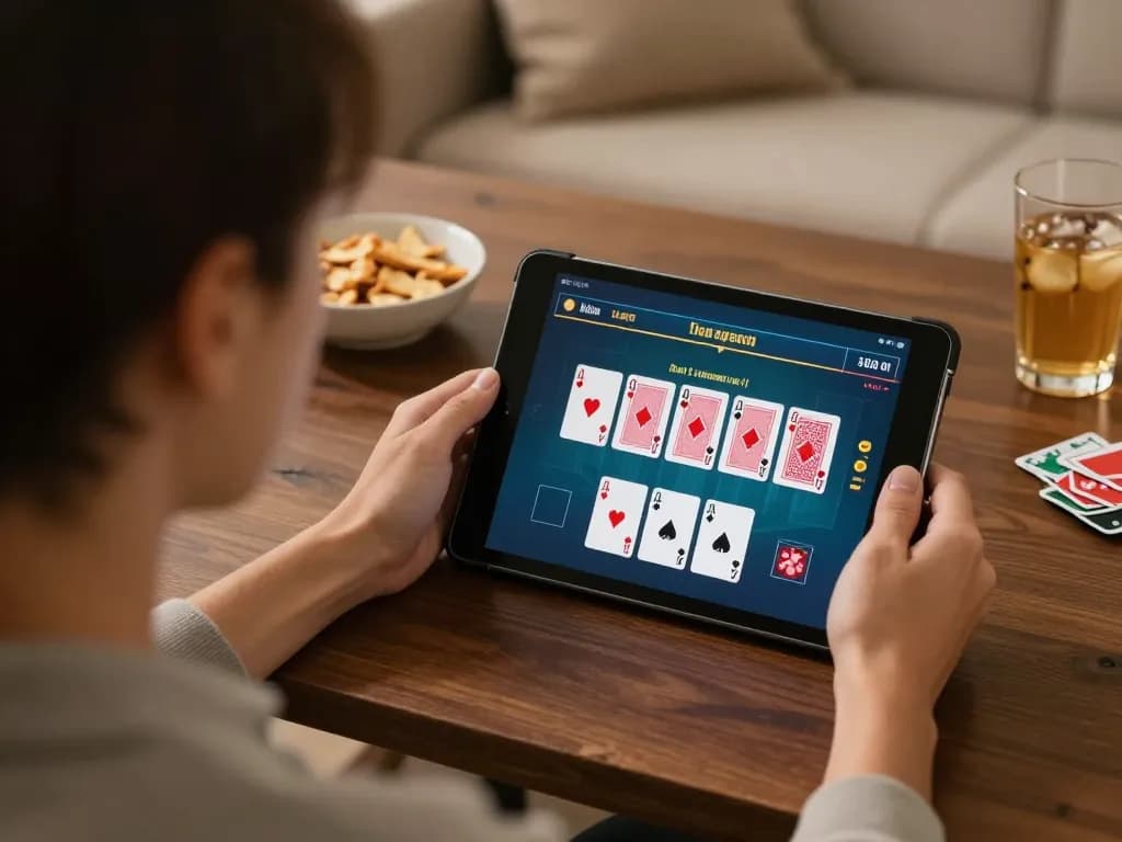 Gameradar user planning their blackjack strategy on a tablet during a cozy home gaming session.