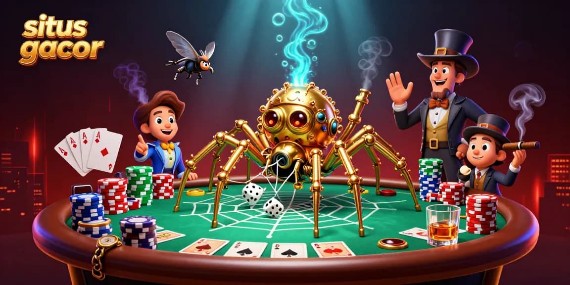 Engage with situs slot gacor as the golden spider weaves an intricate web of luck and chance in this vibrant casino scene.