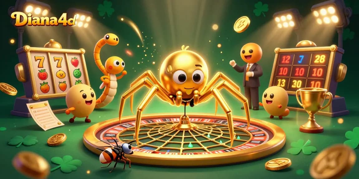 Place bets with Diana4d as a golden spider spins its roulette wheel web in this vibrant casino scene.