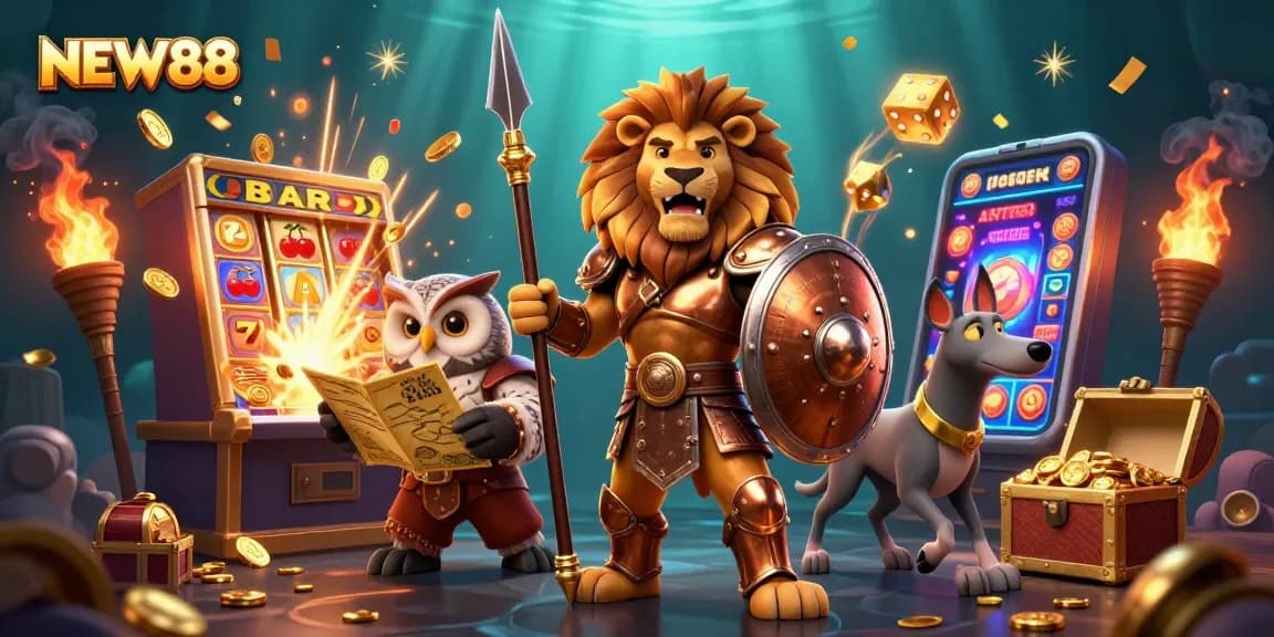 Experience an exciting jackpot explosion at NEW88 with thrilling characters and vibrant casino elements.