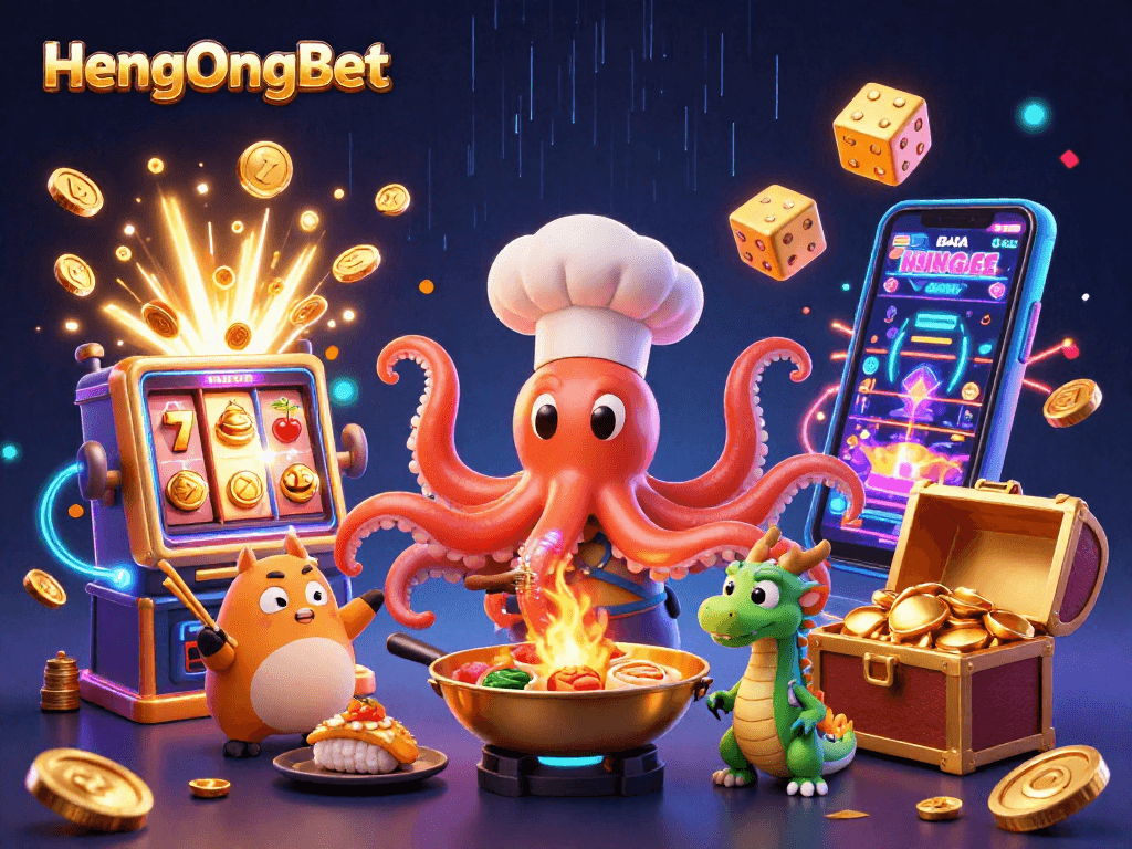 Experience the thrill of HengOngBet with a vibrant 3D casino scene featuring colorful characters and action.
