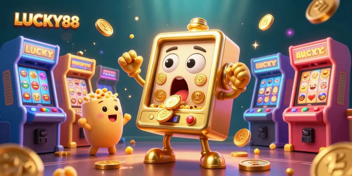 LUCKY88 slot machine celebrating a jackpot win with baby slots and popcorn, embodying casino excitement.