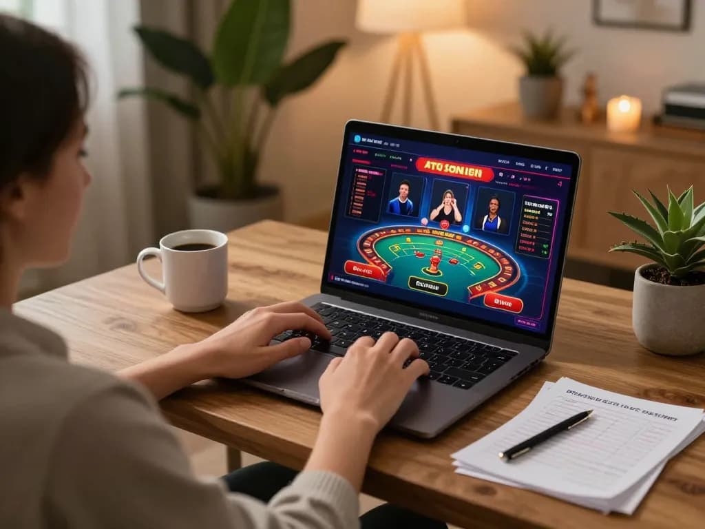 Player engaging with ATQ online casino games in a cozy home setting, showcasing responsible gaming atmosphere
