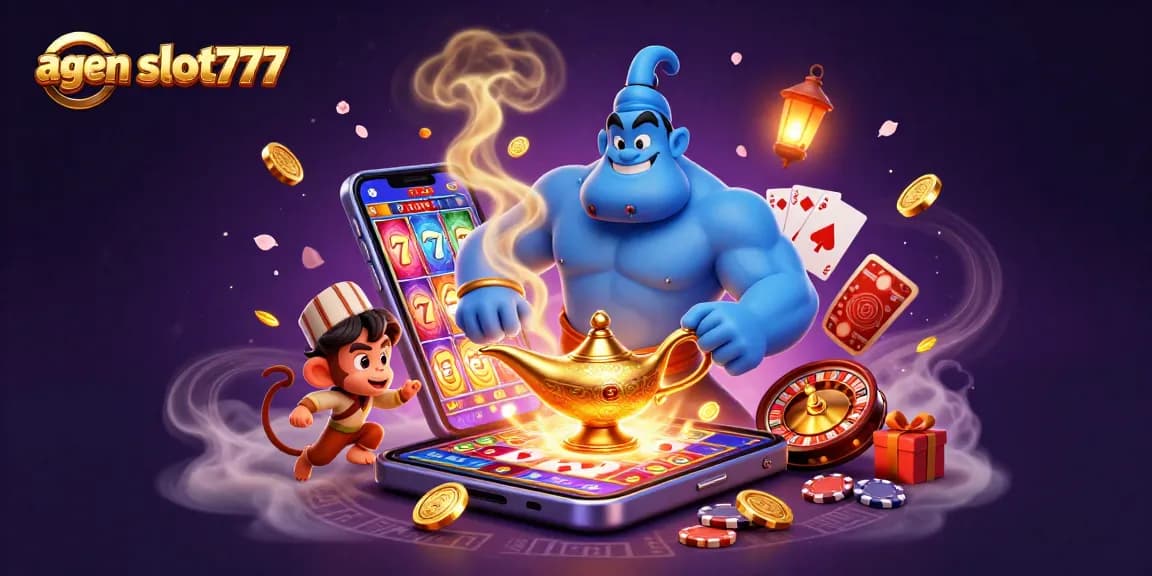 Engage with agen slot777's magical slot experience through vibrant genie and card symbols.