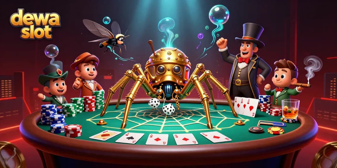 Engage in the thrilling world of dewa slot with colorful poker elements and a whimsical spider.