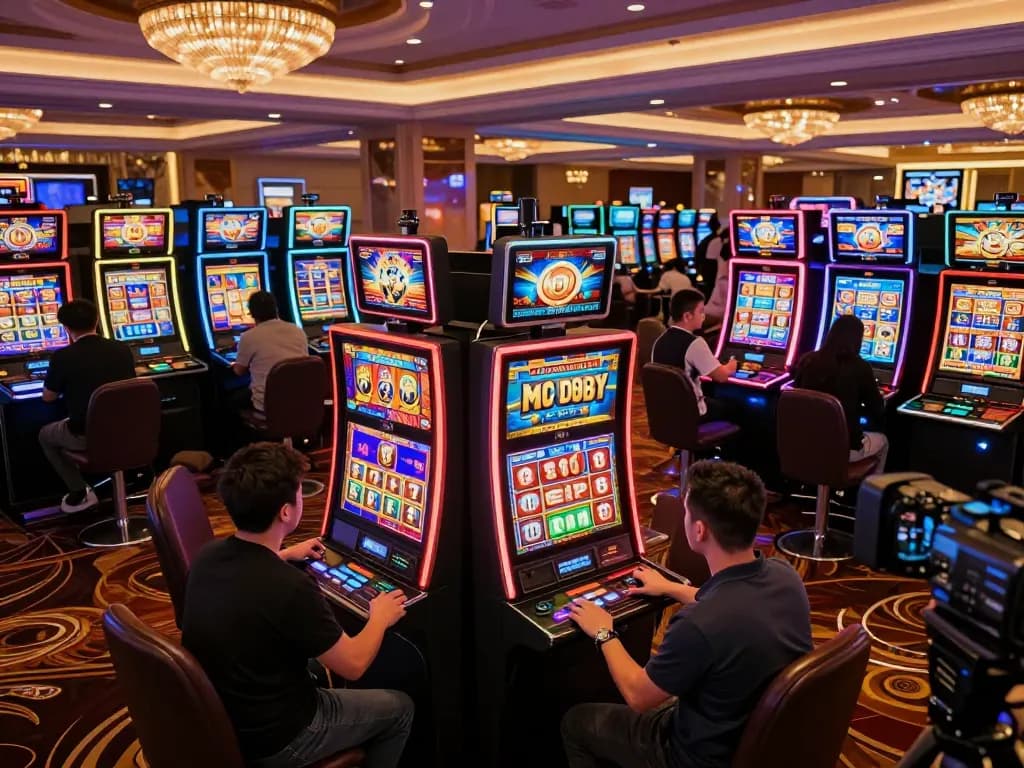 Players engaging with slots not on Gamstop, experiencing vibrant gameplay and colorful casino vibes.