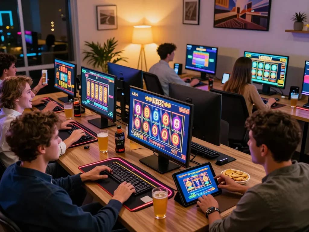 Slot gacor hari ini adegan permainan dengan beragam pemain yang menikmati slot online dan kemenangan.