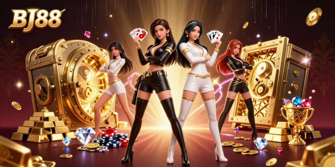 Experience the excitement of BJ88 with stunning Asian women in a dynamic casino scene showcasing rich treasures and gambling elements.