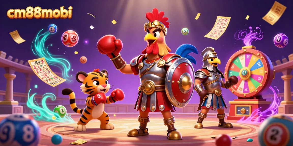 Engage with cm88mobi's thrilling casino adventures featuring a dynamic gladiator rooster and vibrant lottery balls.