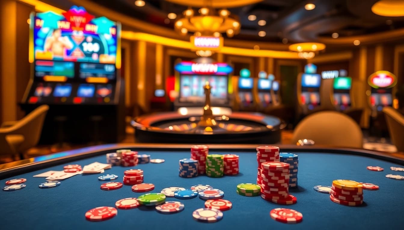 Experience the excitement of kkwin at a luxurious gaming table surrounded by vibrant casino elements.