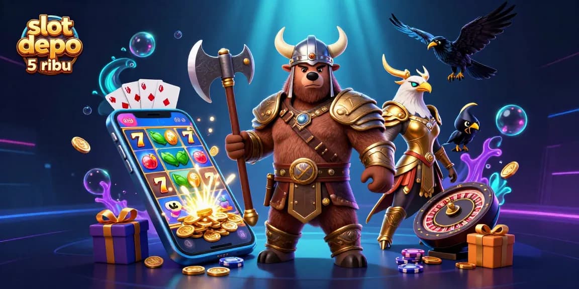 Experience the thrill of slot depo 5 ribu with a Viking bear, a Valkyrie eagle, and glowing runes amidst vibrant casino elements.