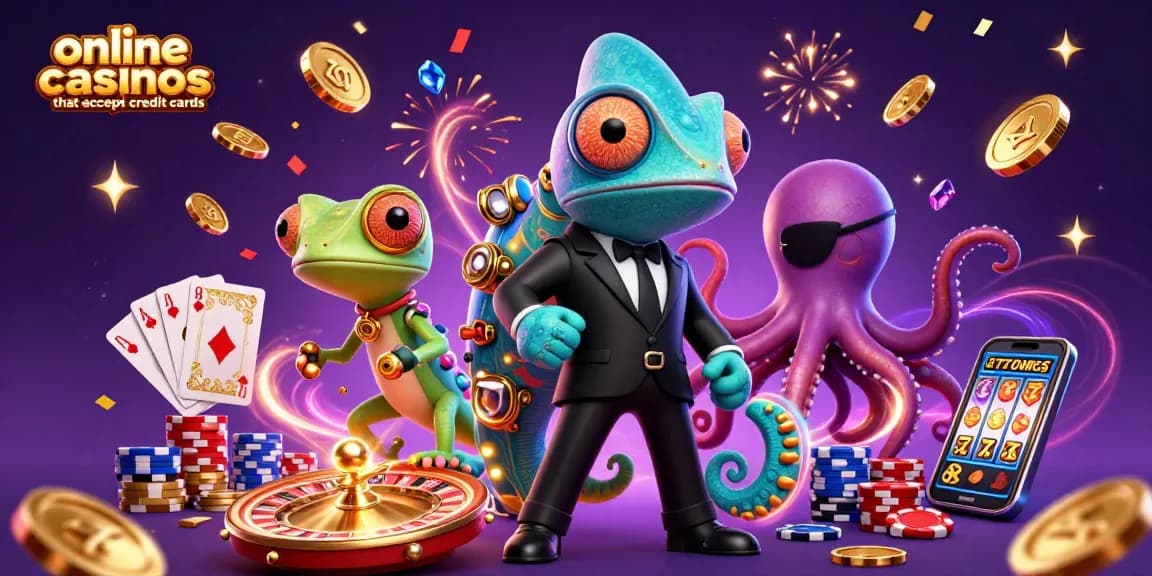 Experience online casinos that accept credit cards, featuring vibrant characters and dynamic gaming elements.