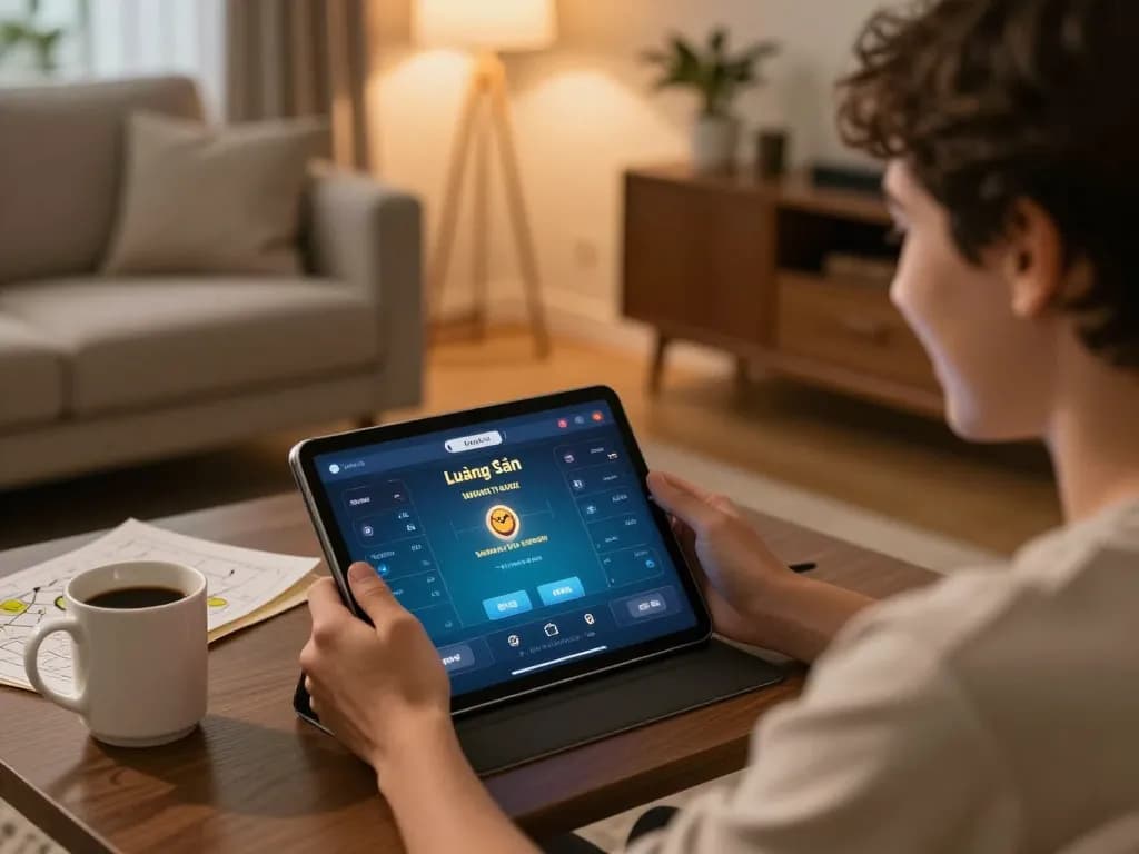Lương Sơn TV user engaging with the poker app on a tablet in a cozy living room.