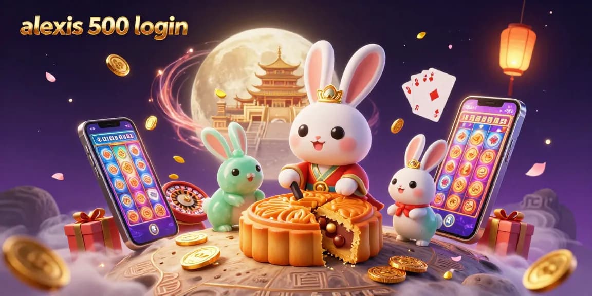 Explore the vibrant scene of the alexis 500 login with a moon rabbit revealing poker chips and more, exemplifying casino fun.