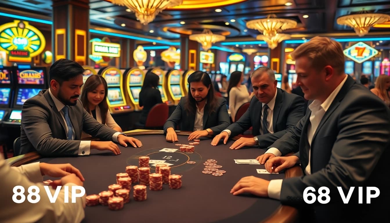 Players engage in high-stakes poker at 68VIP Casino, surrounded by the vibrant atmosphere of excitement.
