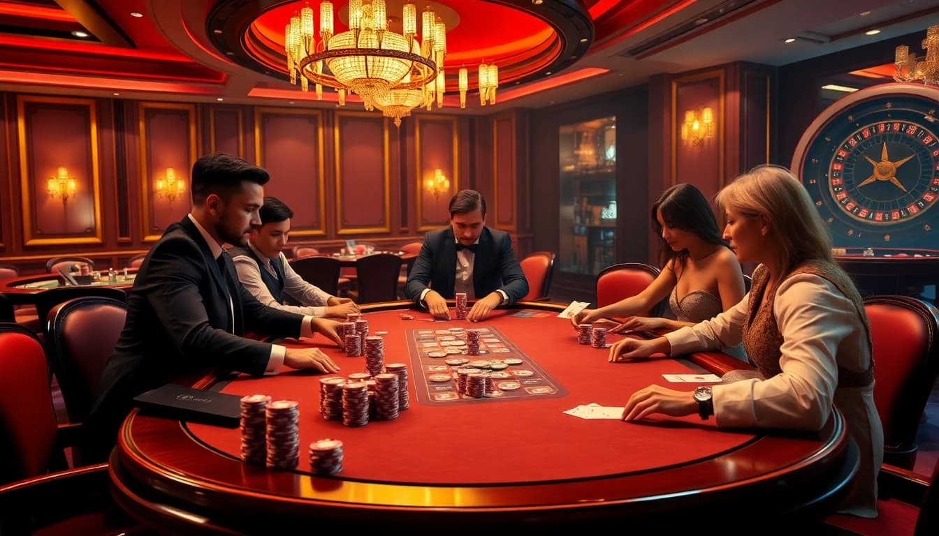 Experience intense gameplay at 58win com with players at a poker table surrounded by excitement.