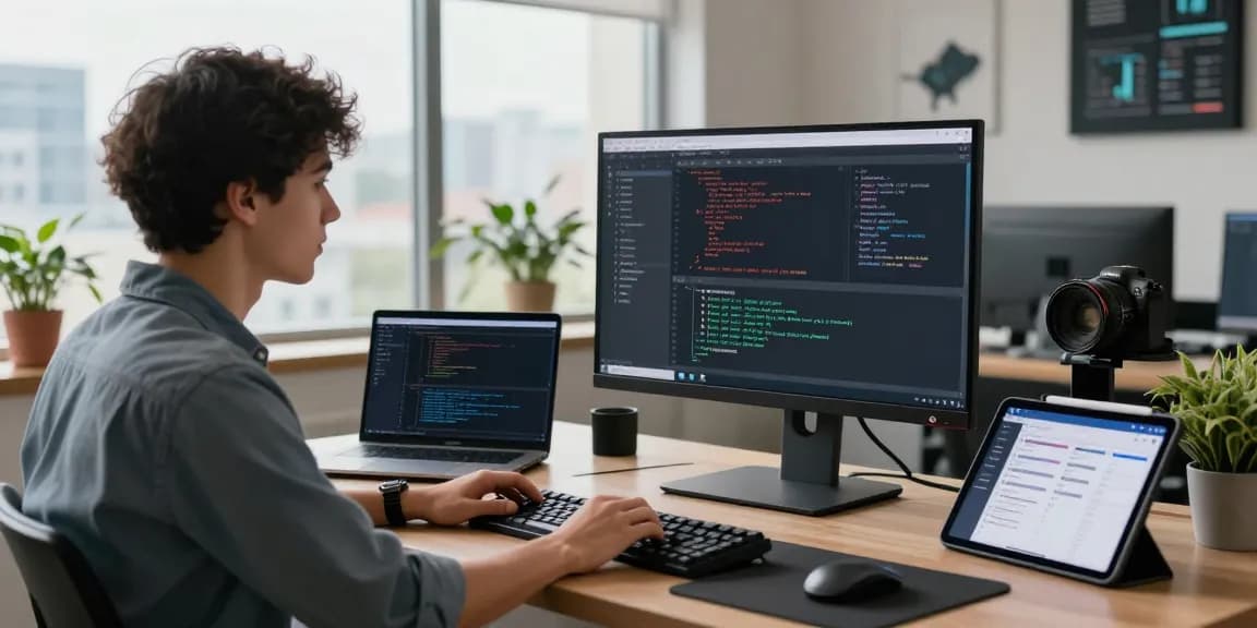 Developer using crush ai in a modern tech workspace with dual monitors showcasing code and AI models in a productive environment.