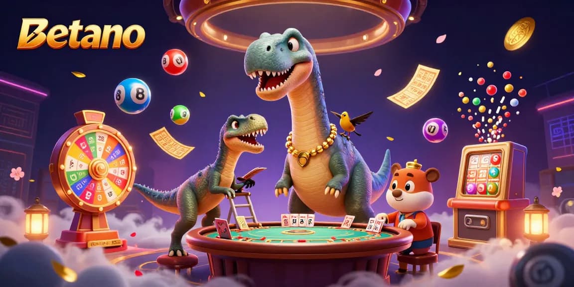 Betano captivates with a vibrant 3D scene of a dinosaur hosting a lively poker game.
