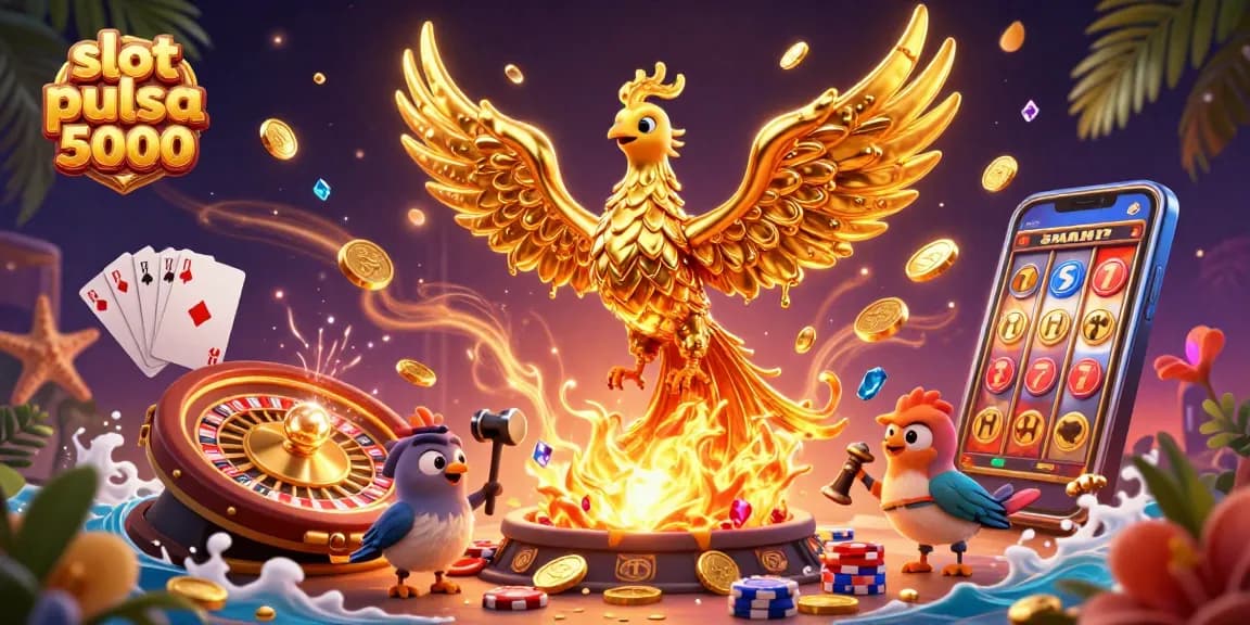 Slot pulsa 5000 memikat pemain dengan ilustrasi kasino 3D yang megah dan berlapis keemasan.