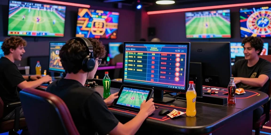 Engaged gamer enjoying esportes da sorte betting experience in a lively online casino setting.