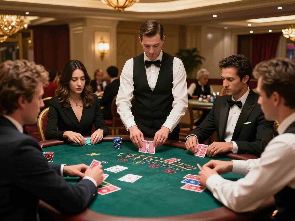 Engaged players at a blackjack table showcasing advanced strategies, highlighting casinosscope.