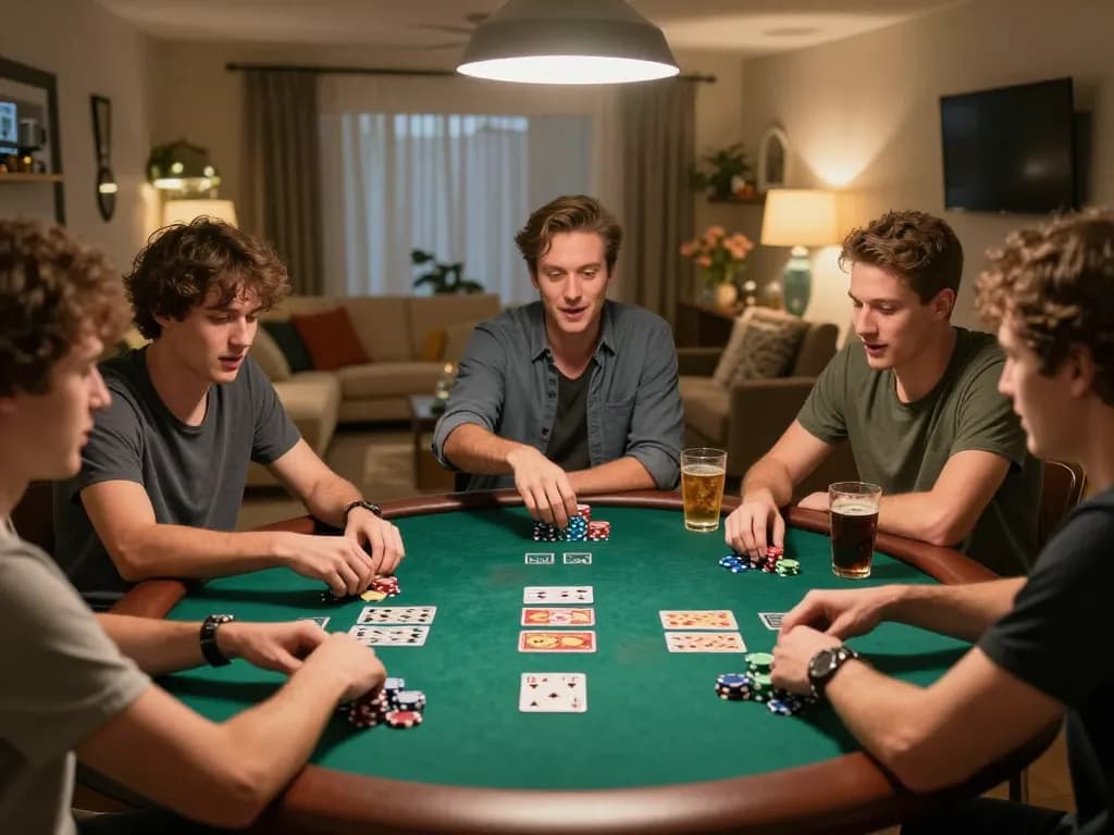 Friends enjoying a lively poker night, showcasing god55 sports action with intense gameplay and social interaction.