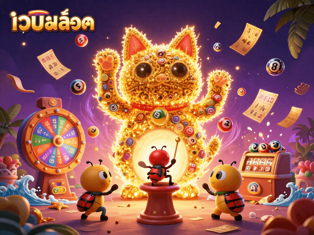 Engage in เว็บสล็อต with colorful lottery elements and a giant lucky cat illustration.