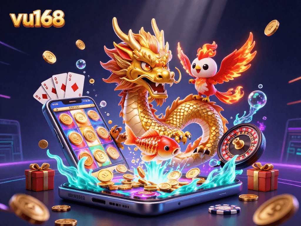 Experience thrilling gameplay with vu168 featuring a dragon, phoenix, and koi fish in a vibrant casino scene.