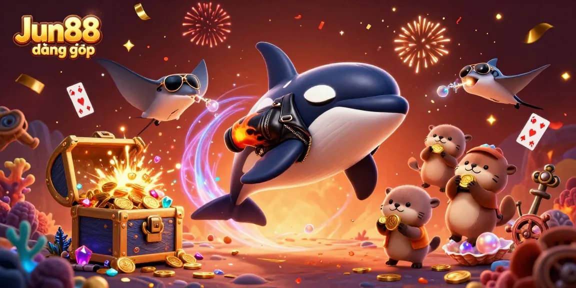 Embark on winning opportunities with Jun88 đăng nhập, featuring animated characters and vibrant casino elements.