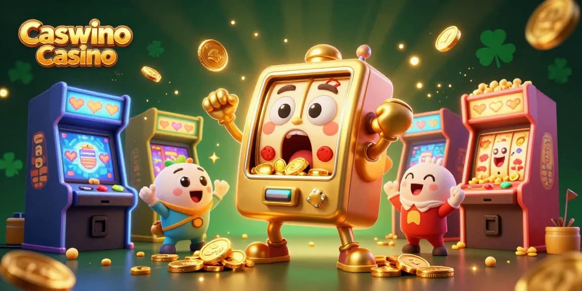 Experience the excitement at Caswino Casino with a vibrant 3D scene featuring a winning golden slot machine surrounded by cheering machines and sparkling elements.