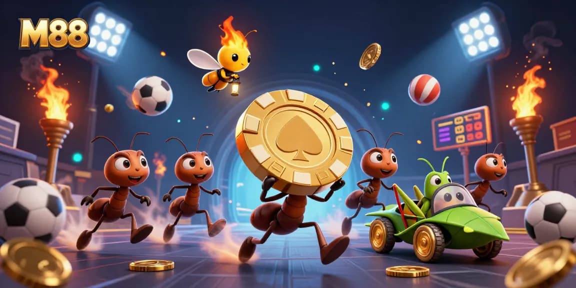 M88 showcases a dynamic heist scene with animated ants racing with a giant poker chip amid vibrant gambling elements.