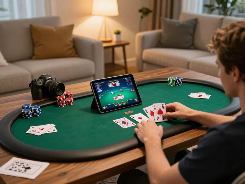Người chơi đang lên kế hoạch tại bàn game 789club với các chip poker xếp chồng và máy tính bảng hiển thị hành động