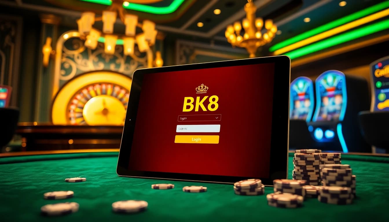 Exciting BK8 login scene at a luxurious casino with roulette and slot machines.