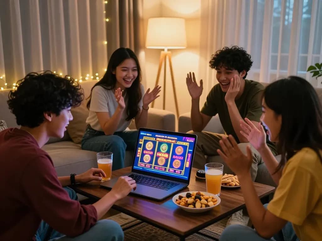 Friends enjoying slot gacor hari ini in a cozy living room with snacks.