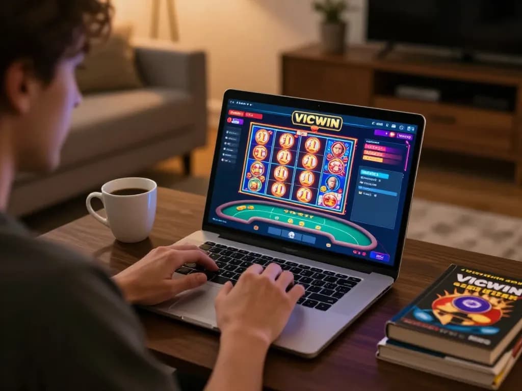 Player engaging with VICWIN online casino interface on laptop, showcasing modern gaming setup