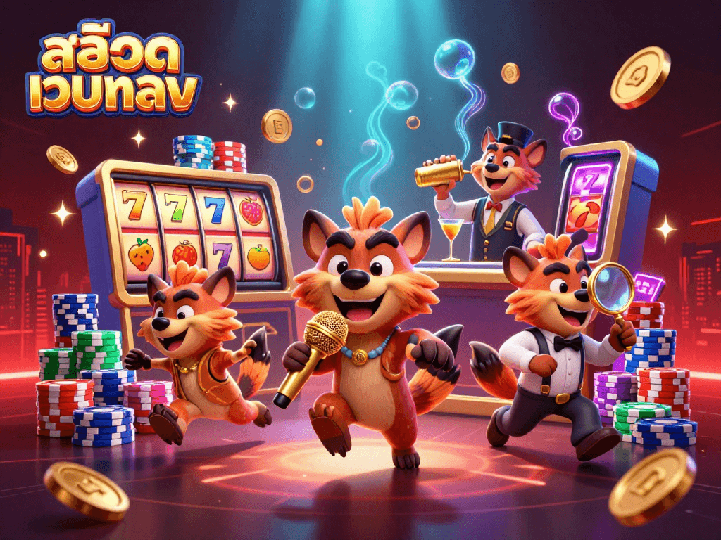 Engaging gameplay scene with hyenas in a comedy casino showcasing สล็อตเว็บตรง and slot reels.