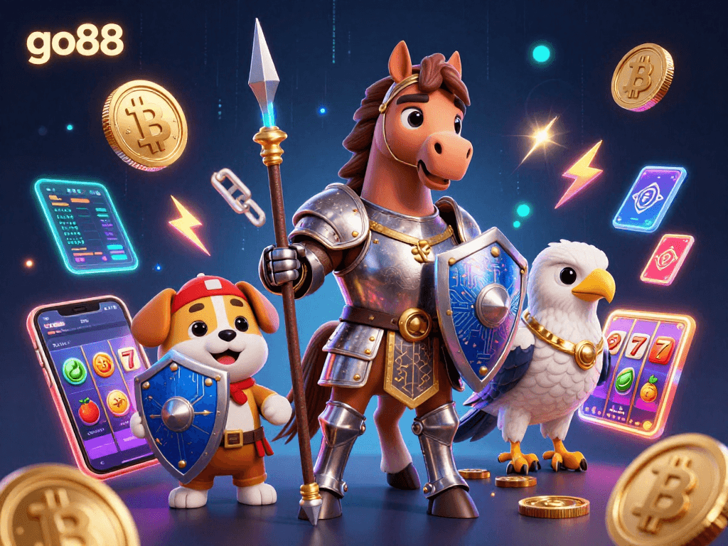 Join the go88 action with knights and crypto in this vibrant casino illustration.