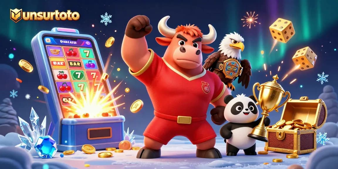 Experience the excitement of unsurtoto with a victorious bull mascot, an eagle, and a panda in a vibrant casino scene.