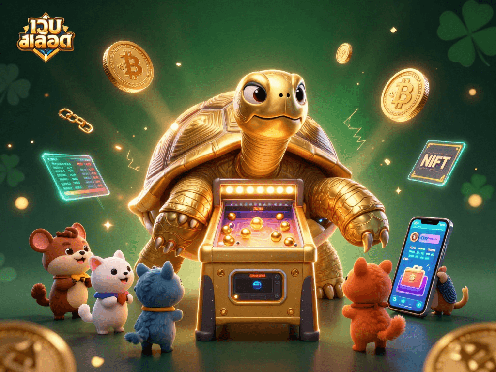 Experience thrilling เว็บสล็อต action with a colossal tortoise pinball machine and vibrant crypto elements in a dynamic casino scene.